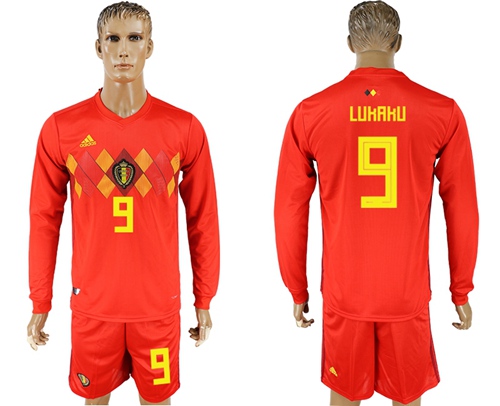 Belgium #9 Lukaku Red Home Long Sleeves Soccer Country Jersey Belgium #9 Lukaku Red Home Long Sleeves Soccer Country Jersey