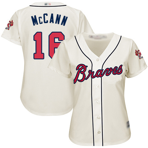 Braves #16 Brian McCann Cream Alternate Women's Stitched Baseball Jersey Braves #16 Brian McCann Cream Alternate Women's Stitched Baseball Jersey