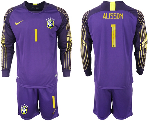 Brazil #1 Alisson Purple Goalkeeper Long Sleeves Soccer Country Jersey Brazil #1 Alisson Purple Goalkeeper Long Sleeves Soccer Country Jersey