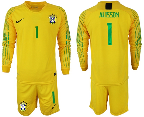Brazil #1 Alisson Yellow Goalkeeper Long Sleeves Soccer Country Jersey Brazil #1 Alisson Yellow Goalkeeper Long Sleeves Soccer Country Jersey