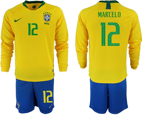 Brazil #12 Marcelo Home Long Sleeves Soccer Country Jersey