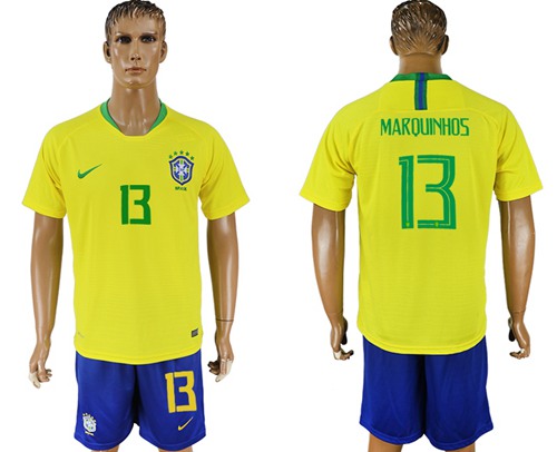 Brazil #13 Marquinhos Home Soccer Country Jersey Brazil #13 Marquinhos Home Soccer Country Jersey