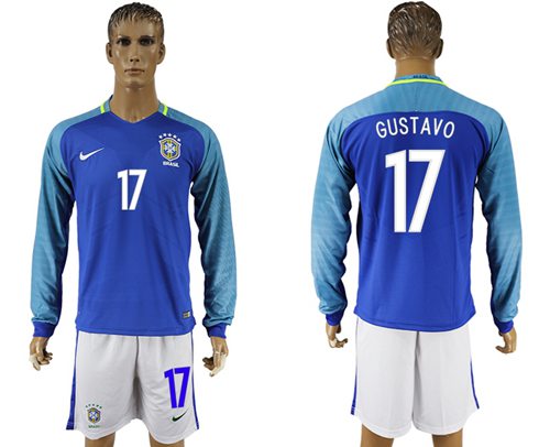 Brazil #17 Gustavo Away Long Sleeves Soccer Country Jersey Brazil #17 Gustavo Away Long Sleeves Soccer Country Jersey