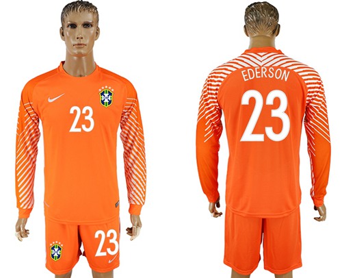 Brazil #23 Ederson Orange Goalkeeper Long Sleeves Soccer Country Jersey Brazil #23 Ederson Orange Goalkeeper Long Sleeves Soccer Country Jersey