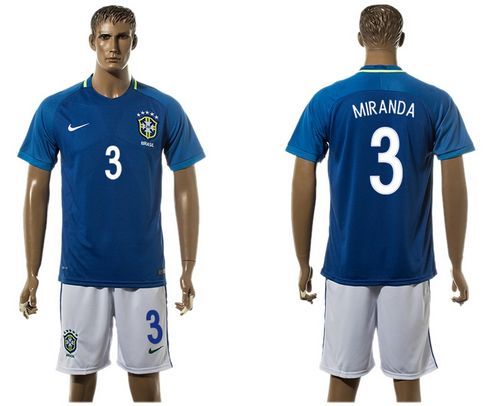 Brazil #3 Miranda Away Soccer Country Jersey Brazil #3 Miranda Away Soccer Country Jersey