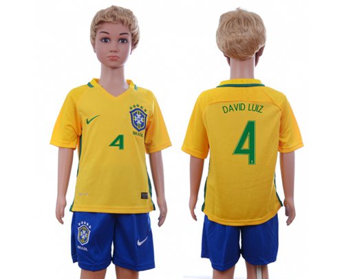 Brazil #4 David Luiz Home Kid Soccer Country Jersey Brazil #4 David Luiz Home Kid Soccer Country Jersey