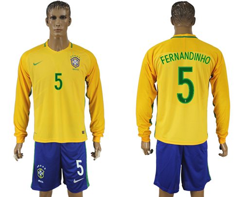Brazil #5 Fernandinho Home Long Sleeves Soccer Country Jersey Brazil #5 Fernandinho Home Long Sleeves Soccer Country Jersey
