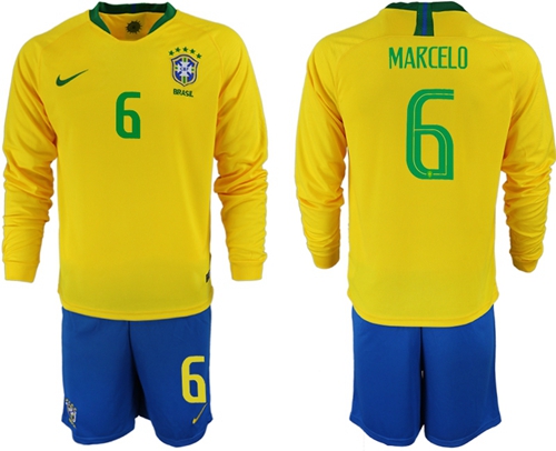 Brazil #6 Marcelo Home Long Sleeves Soccer Country Jersey Brazil #6 Marcelo Home Long Sleeves Soccer Country Jersey