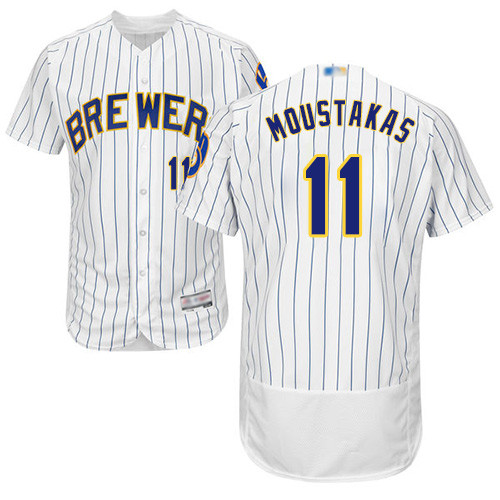 Brewers #11 Mike Moustakas White Strip Flexbase Authentic Collection Stitched Baseball Jersey Brewers #11 Mike Moustakas White Strip Flexbase Authentic Collection Stitched Baseball Jersey