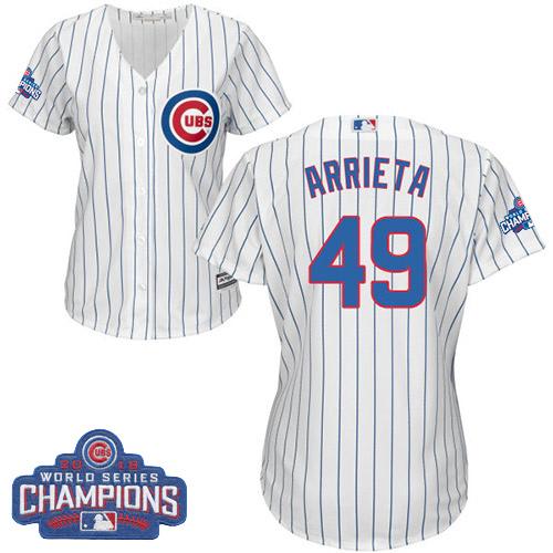 Cubs #49 Jake Arrieta White(Blue Strip) Home 2016 World Series Champions Women's Stitched MLB Jersey Cubs #49 Jake Arrieta White(Blue Strip) Home 2016 World Series Champions Women's Stitched MLB Jersey