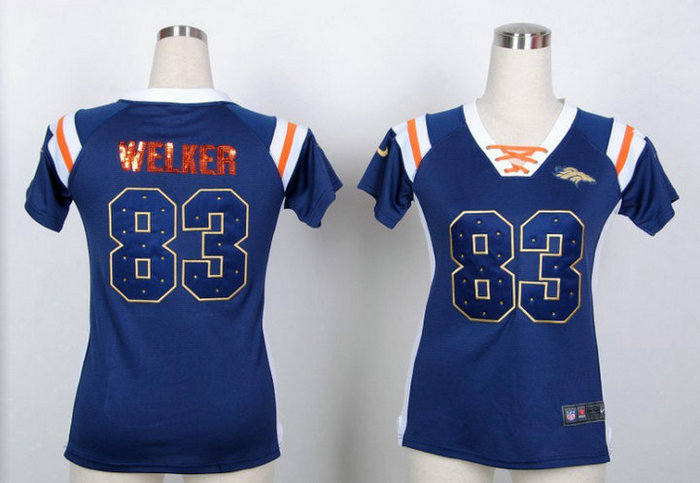 Denver Broncos 83 Wes Welker Women's Draft Him Shimmer V-Neck T-Shirt - Navy Blue Denver Broncos 83 Wes Welker Women's Draft Him Shimmer V-Neck T-Shirt - Navy Blue