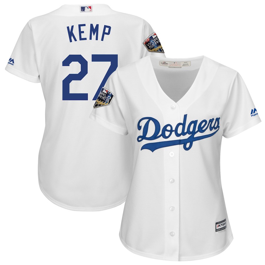 Dodgers 27 Matt Kemp White Women 2018 World Series Cool Base Player Jersey Dodgers 27 Matt Kemp White Women 2018 World Series Cool Base Player Jersey