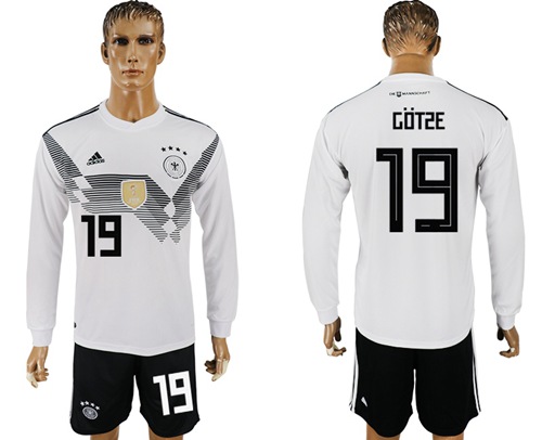 Germany #19 Gotze White Home Long Sleeves Soccer Country Jersey Germany #19 Gotze White Home Long Sleeves Soccer Country Jersey