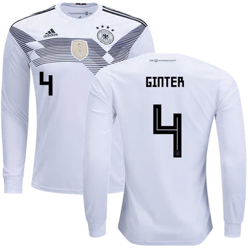 Germany #4 Ginter White Home Long Sleeves Soccer Country Jersey Germany #4 Ginter White Home Long Sleeves Soccer Country Jersey