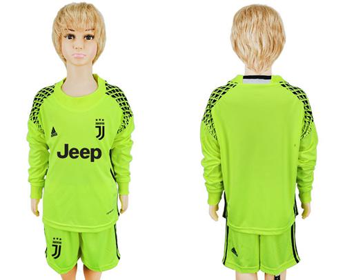 Juventus Blank Shiny Green Goalkeeper Long Sleeves Kid Soccer Club Jersey
