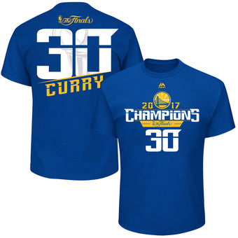 Men's Golden State Warriors Stephen Curry Majestic Royal 2017 NBA Finals Champions Name & Number T-Shirt