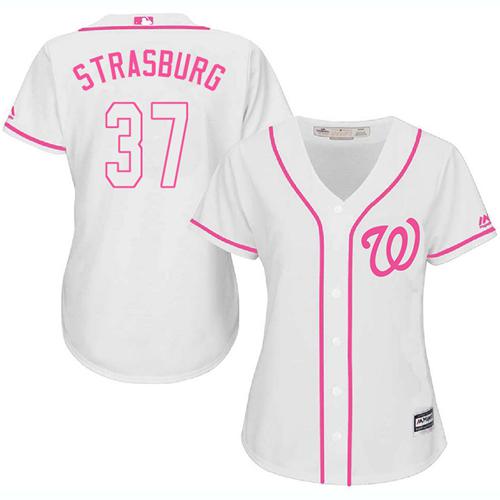 Nationals #37 Stephen Strasburg White Pink Fashion Women's Stitched MLB Jersey