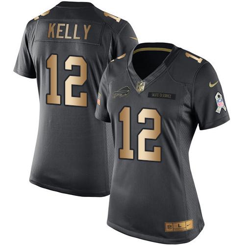 Nike Bills #12 Jim Kelly Black Women's Stitched NFL Limited Gold Salute to Service Jersey Nike Bills #12 Jim Kelly Black Women's Stitched NFL Limited Gold Salute to Service Jersey