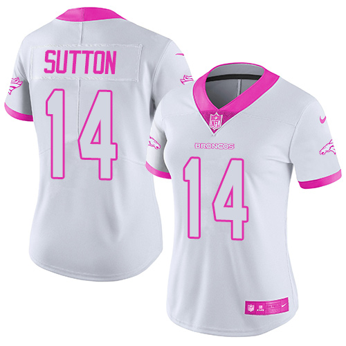 Nike Broncos #14 Courtland Sutton White Pink Women's Stitched NFL Limited Rush Fashion Jersey Nike Broncos #14 Courtland Sutton White Pink Women's Stitched NFL Limited Rush Fashion Jersey