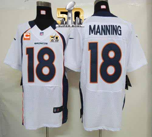 Nike Broncos #18 Peyton Manning White With C Patch Super Bowl 50 Men's Stitched NFL Elite Jersey Nike Broncos #18 Peyton Manning White With C Patch Super Bowl 50 Men's Stitched NFL Elite Jersey