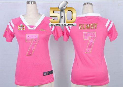 Nike Broncos #7 John Elway Pink Super Bowl 50 Women's Stitched NFL Elite Draft Him Shimmer Jersey Nike Broncos #7 John Elway Pink Super Bowl 50 Women's Stitched NFL Elite Draft Him Shimmer Jersey