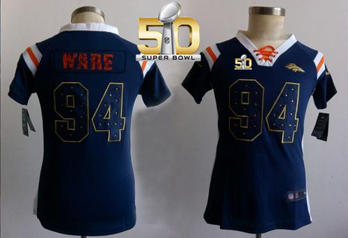 Nike Broncos #94 DeMarcus Ware Navy Blue Super Bowl 50 Women's Stitched NFL Elite Draft Him Shimmer Jersey