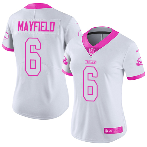 Nike Browns #6 Baker Mayfield White Pink Women's Stitched NFL Limited Rush Fashion Jersey Nike Browns #6 Baker Mayfield White Pink Women's Stitched NFL Limited Rush Fashion Jersey