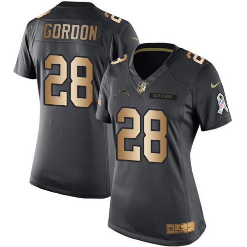 Nike Chargers #28 Melvin Gordon Black Women's Stitched NFL Limited Gold Salute to Service Jersey