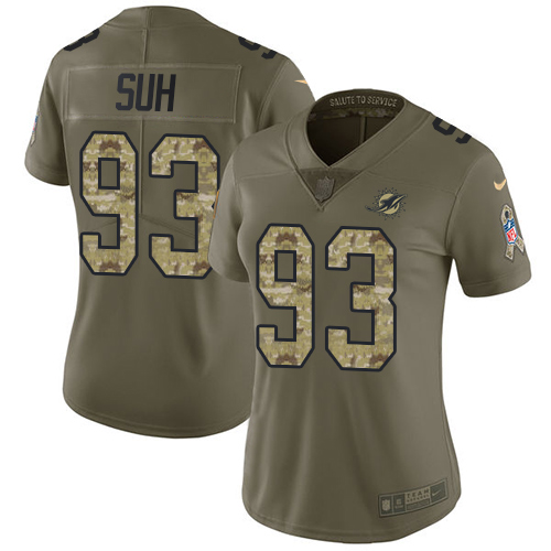 Nike Dolphins #93 Ndamukong Suh Olive Camo Women's Stitched NFL Limited 2017 Salute to Service Jersey