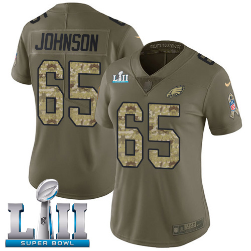 Nike Eagles #65 Lane Johnson Olive Camo Super Bowl LII Women's Stitched NFL Limited 2017 Salute to Service Jersey