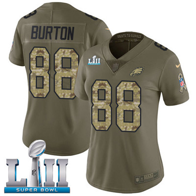 Nike Eagles #88 Trey Burton Olive Camo Super Bowl LII Women's Stitched NFL Limited 2017 Salute to Service Jersey