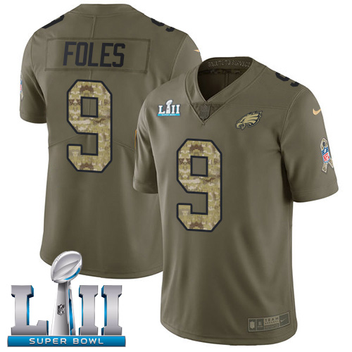Nike Eagles #9 Nick Foles Olive Camo Men's Super Bowl LII Stitched NFL Limited 2017 Salute To Service Jersey