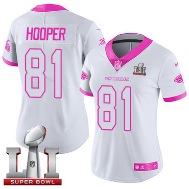 Nike Falcons #81 Austin Hooper White Pink Super Bowl LI 51 Women's Stitched NFL Limited Rush Fashion Jersey