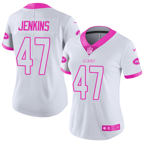 Nike Jets #47 Jordan Jenkins White Pink Women's Stitched NFL Limited Rush Fashion Jersey