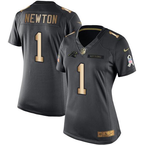 Nike Panthers #1 Cam Newton Black Women's Stitched NFL Limited Gold Salute to Service Jersey Nike Panthers #1 Cam Newton Black Women's Stitched NFL Limited Gold Salute to Service Jersey