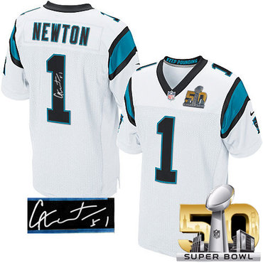 Nike Panthers #1 Cam Newton White Super Bowl 50 Men's Stitched NFL Elite Autographed Jersey Nike Panthers #1 Cam Newton White Super Bowl 50 Men's Stitched NFL Elite Autographed Jersey