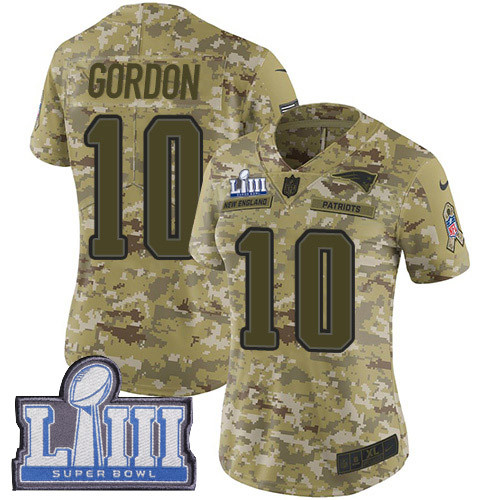 Nike Patriots #10 Josh Gordon Camo Super Bowl LIII Bound Women's Stitched NFL Limited 2018 Salute To Service Jersey