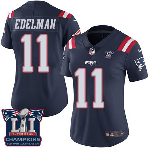 Nike Patriots #11 Julian Edelman Navy Blue Super Bowl LI Champions Women's Stitched NFL Limited Rush Jersey Nike Patriots #11 Julian Edelman Navy Blue Super Bowl LI Champions Women's Stitched NFL Limited Rush Jersey