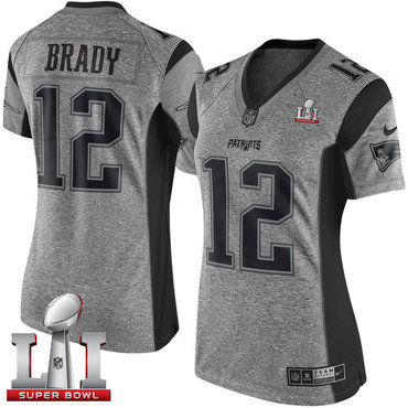 Nike Patriots #12 Tom Brady Gray Super Bowl LI 51 Women's Stitched NFL Limited Gridiron Gray Jersey Nike Patriots #12 Tom Brady Gray Super Bowl LI 51 Women's Stitched NFL Limited Gridiron Gray Jersey