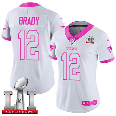 Nike Patriots #12 Tom Brady White Pink Super Bowl LI 51 Women's Stitched NFL Limited Rush Fashion Jersey Nike Patriots #12 Tom Brady White Pink Super Bowl LI 51 Women's Stitched NFL Limited Rush Fashion Jersey
