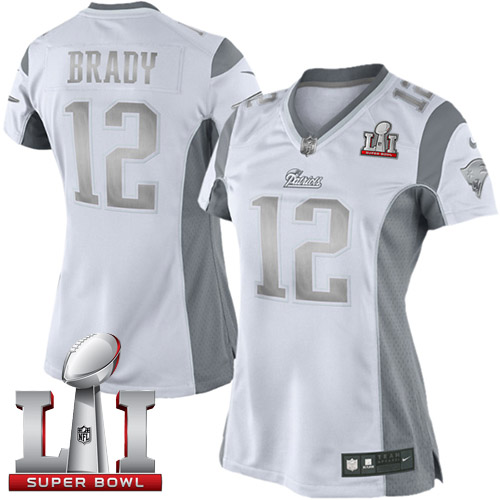 Nike Patriots #12 Tom Brady White Super Bowl LI 51 Women's Stitched NFL Limited Platinum Jersey Nike Patriots #12 Tom Brady White Super Bowl LI 51 Women's Stitched NFL Limited Platinum Jersey