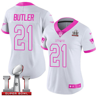 Nike Patriots #21 Malcolm Butler White Pink Super Bowl LI 51 Women's Stitched NFL Limited Rush Fashion Jersey Nike Patriots #21 Malcolm Butler White Pink Super Bowl LI 51 Women's Stitched NFL Limited Rush Fashion Jersey