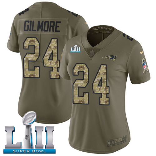 Nike Patriots #24 Stephon Gilmore Olive Camo Super Bowl LII Women's Stitched NFL Limited 2017 Salute to Service Jersey