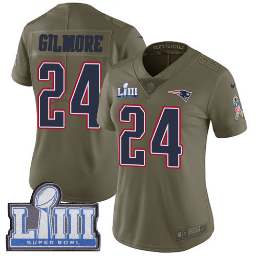 Nike Patriots #24 Stephon Gilmore Olive Super Bowl LIII Bound Women's Stitched NFL Limited 2017 Salute To Service Jersey