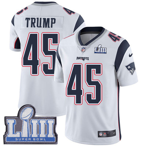 Nike Patriots #45 Donald Trump White Super Bowl LIII Bound Youth Stitched NFL Vapor NFL Vapor Untouchable Limited Jersey Nike Patriots #45 Donald Trump White Super Bowl LIII Bound Youth Stitched NFL Vapor NFL Vapor Untouchable Limited Jersey