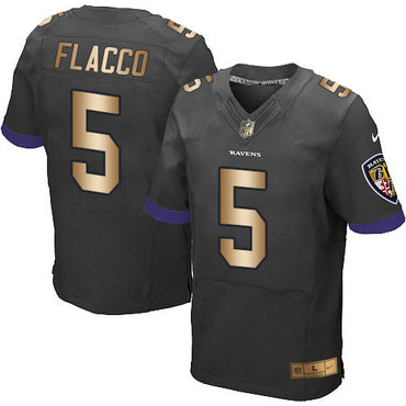 Nike Ravens #5 Joe Flacco Black Alternate Men's Stitched NFL New Elite Gold Jersey Nike Ravens #5 Joe Flacco Black Alternate Men's Stitched NFL New Elite Gold Jersey