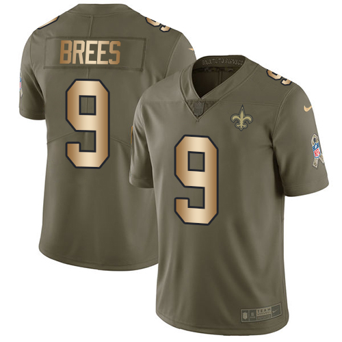 Nike Saints #9 Drew Brees Olive Gold Men's Stitched NFL Limited 2017 Salute To Service Jersey