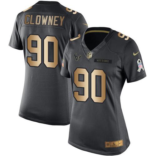 Nike Texans #90 Jadeveon Clowney Black Women's Stitched NFL Limited Gold Salute to Service Jersey