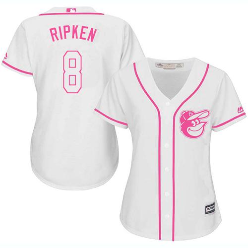 Orioles #8 Cal Ripken White Pink Fashion Women's Stitched MLB Jersey