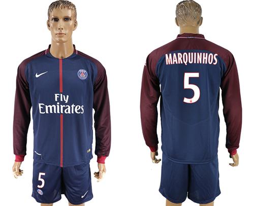 Paris Saint-Germain #5 Marquinhos Home Long Sleeves Soccer Club Jersey Paris Saint-Germain #5 Marquinhos Home Long Sleeves Soccer Club Jersey